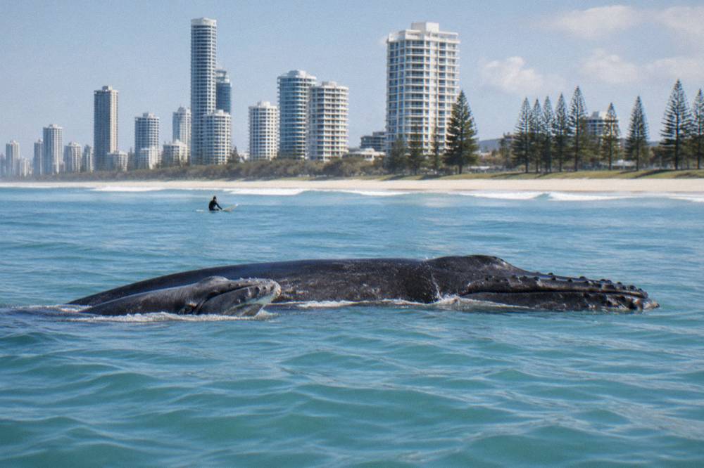 A humpback whale and a small calf swimming together near the ocean surface