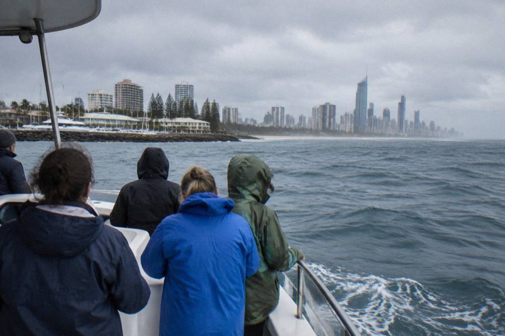 Passengers in spray jackets watching the water from an open whale watching deck