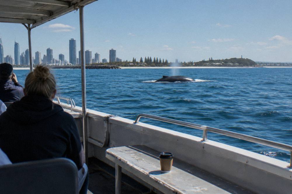 A whale watching boat holding station on calm open water while a humpback surfaces in the middle distance