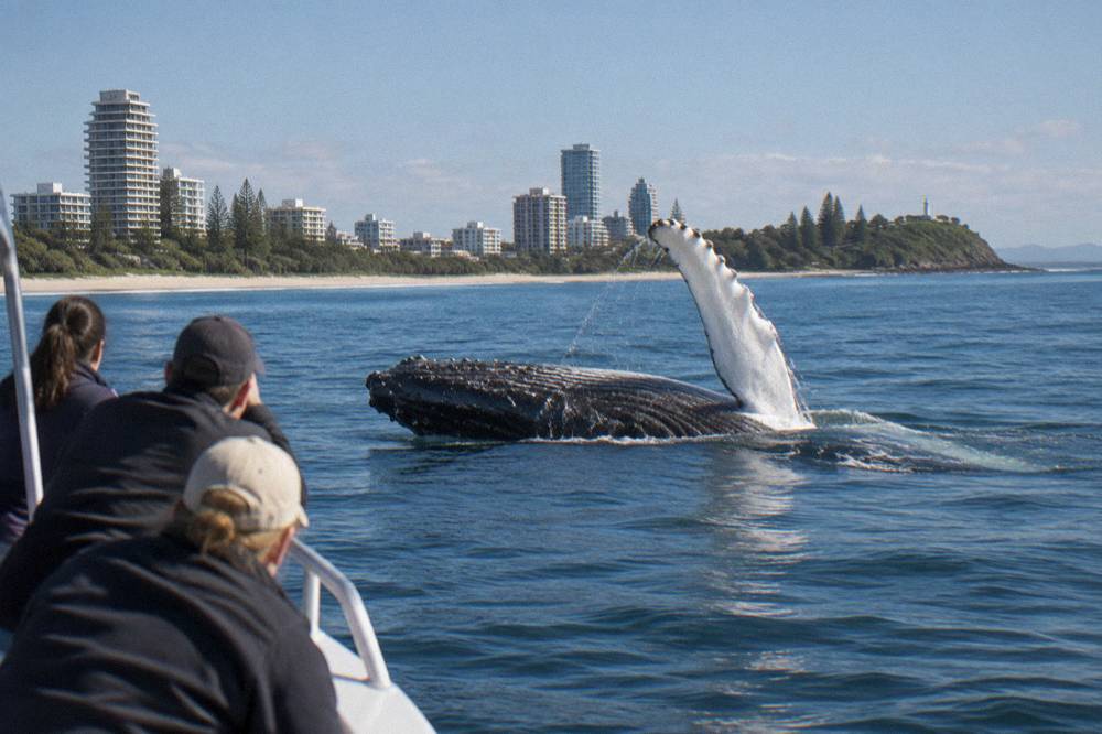 A humpback whale rolling on its side beside a small boat with one flipper raised out of the water