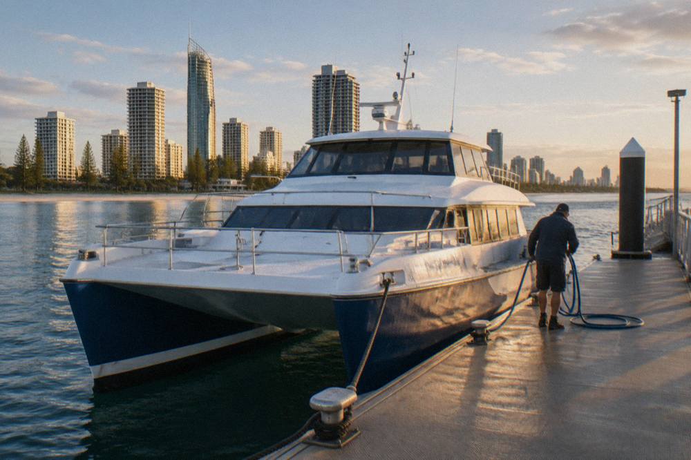 A purpose-built whale watching catamaran at a marina jetty before departure