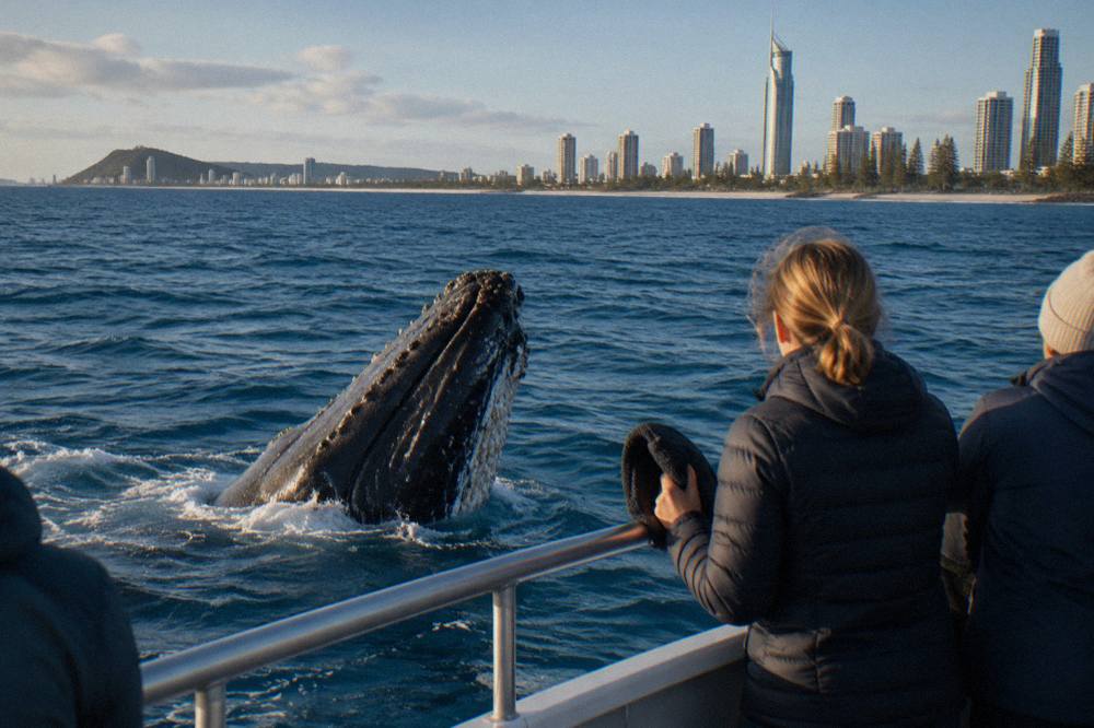 A humpback whale surfacing beside a whale watching boat in open water