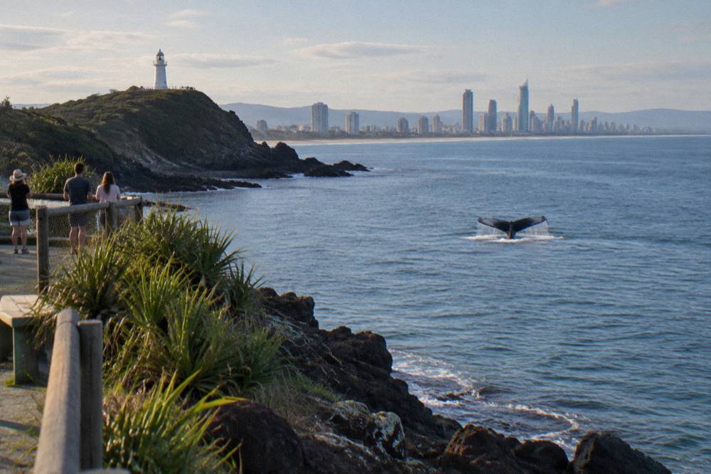 A humpback whale lifting its tail fluke above the surface near the Gold Coast