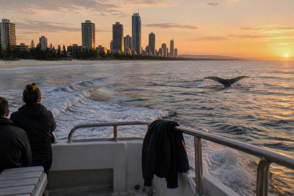 Low golden light on the sea behind a whale watching boat near the Gold Coast