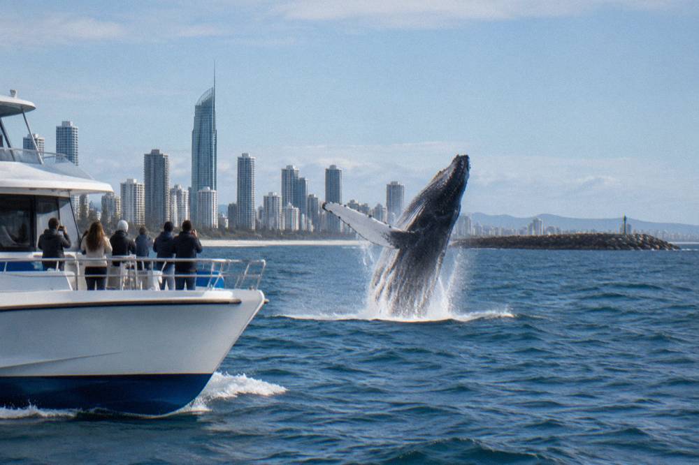 A whale watching catamaran cruising past a breaching humpback whale offshore