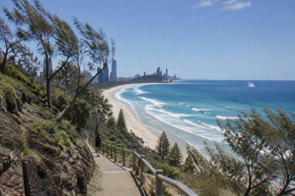 A coastal headland lookout above a long sandy beach on a clear winter day