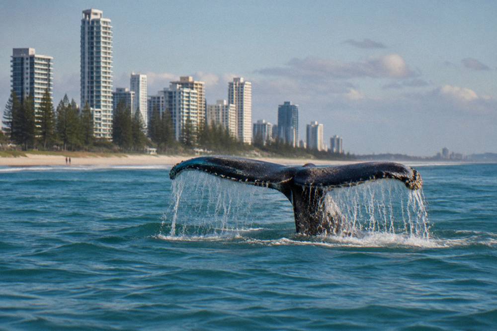 A humpback whale raising its tail fluke above the ocean surface