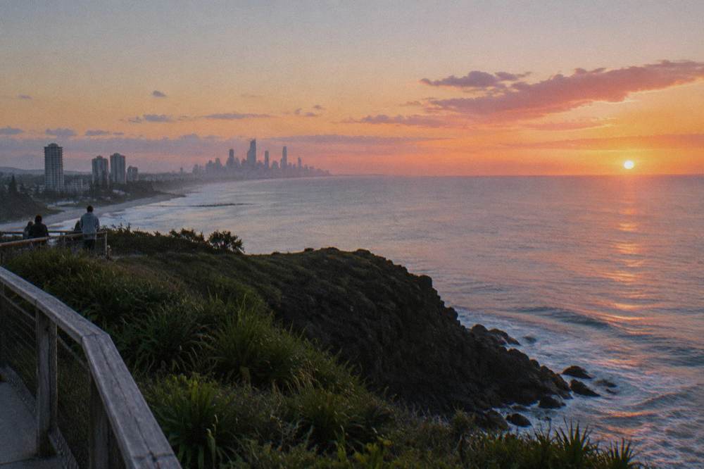 Coastal skyline at sunrise over calm ocean water