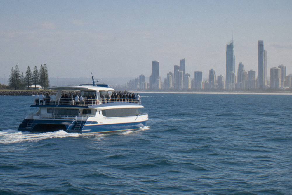 A whale watching boat with passengers on the deck moving across open ocean past a city skyline