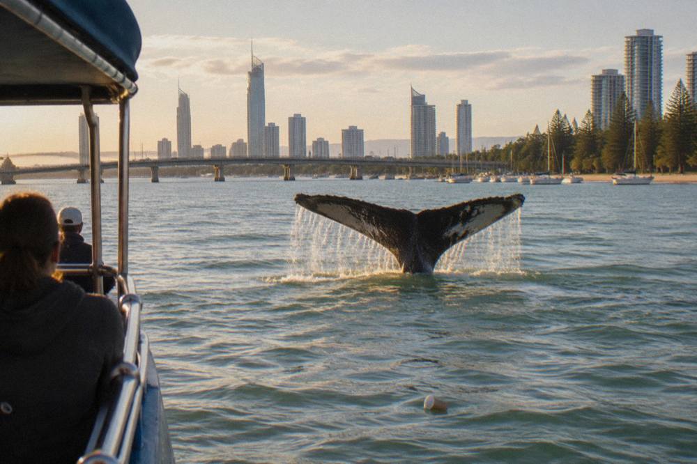 Humpback whale lifting its tail fluke above calm ocean water
