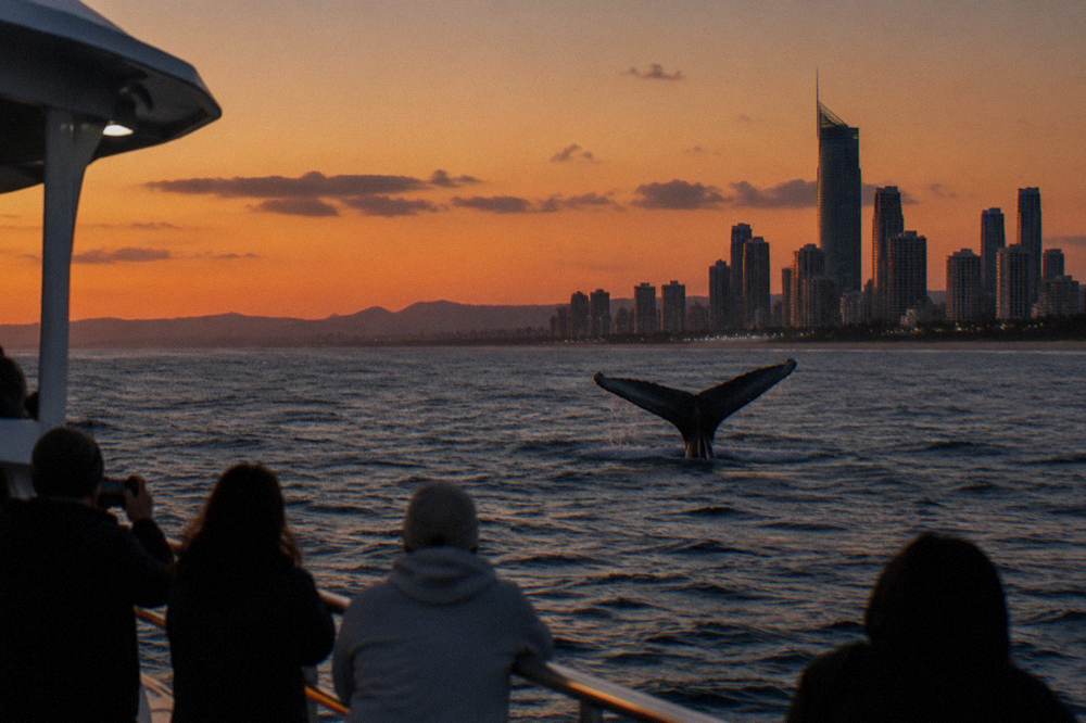 Whale tail silhouetted against the sky above ocean water at dusk