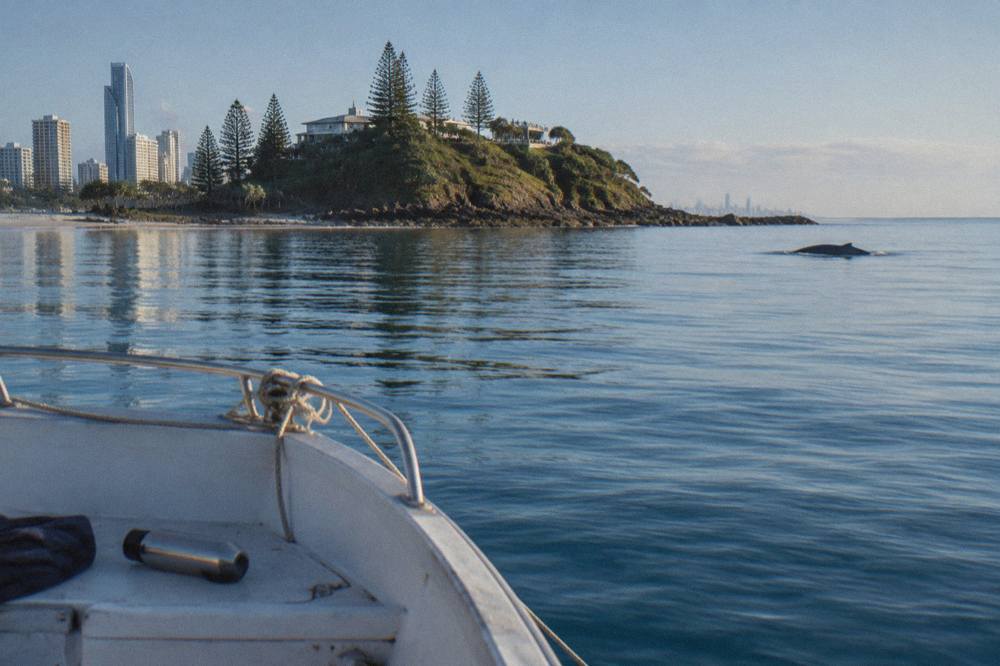 A small whale watching boat at anchor near a rocky headland on a calm morning