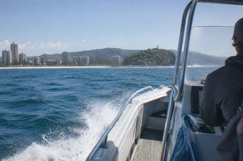 A small safari-style whale watching boat cutting through open ocean swell
