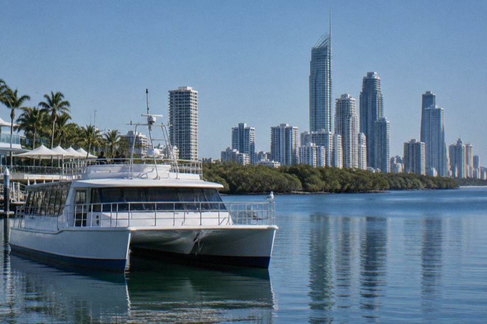 A wide catamaran whale watching boat on calm water with a city skyline behind it