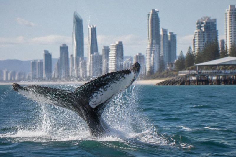 A humpback whale slapping its tail fluke on the water off Main Beach with the Surfers Paradise high-rises blurred behind