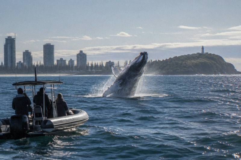 A small rigid boat off the Tweed coast as a humpback breaches nearby, Point Danger headland faint in the distance