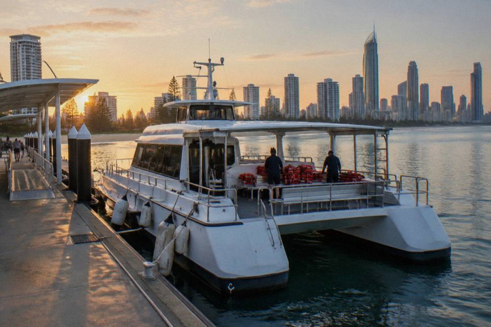A purpose-built whale watching catamaran moored at a terminal jetty before departure