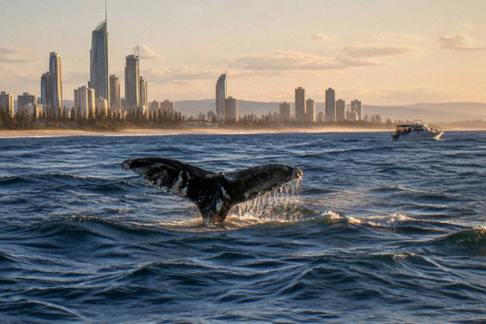 A humpback whale lifting its tail fluke above the surface near a small boat at a distance