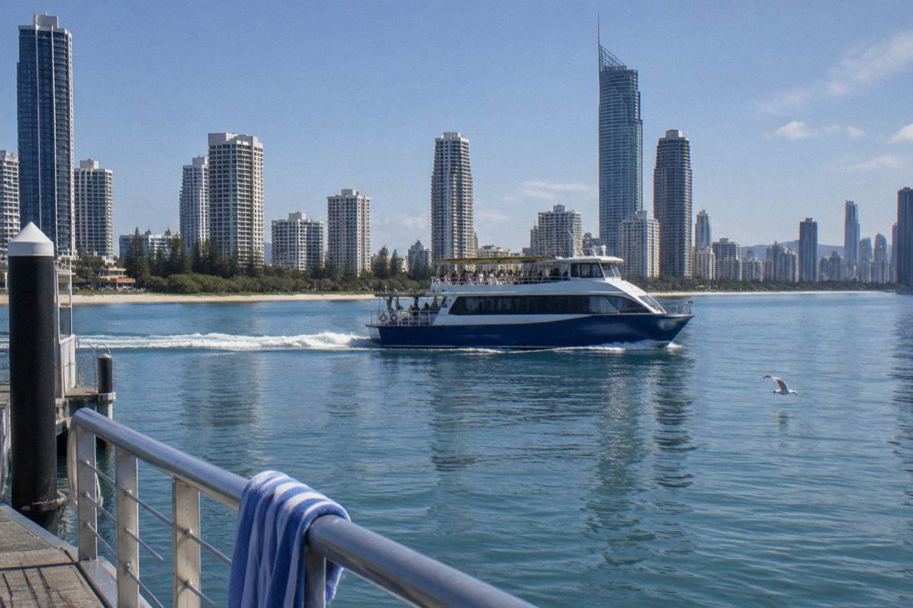 A whale watching boat crossing calm open water off a coastline of tall apartment buildings