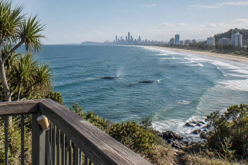Grassy headland path above a long beach curving toward distant city towers