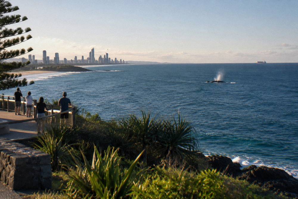 A humpback whale surfacing in open ocean near the Gold Coast