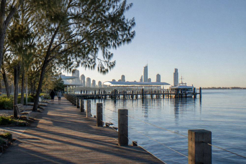 Boardwalk along the Broadwater at Main Beach on a clear morning
