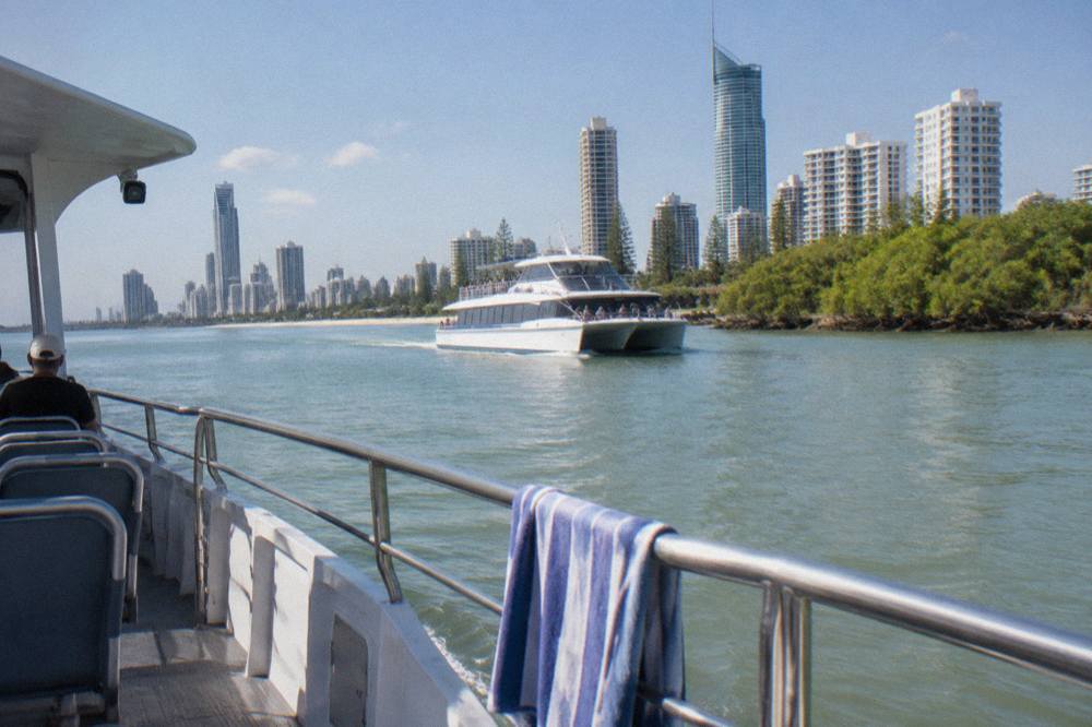 A whale watching catamaran cruising calm winter water near the Gold Coast Broadwater under a pale blue sky