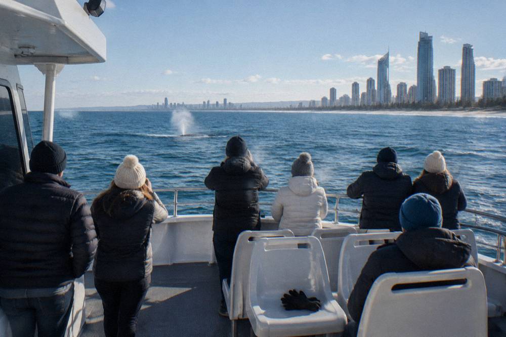 Warmly dressed passengers in windproof jackets standing along the railing of a whale watching boat on a clear winter morning