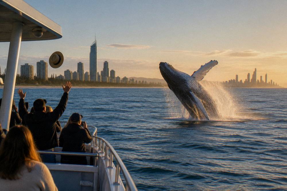 A humpback whale breaching fully clear of calm winter ocean water near the Gold Coast coastline
