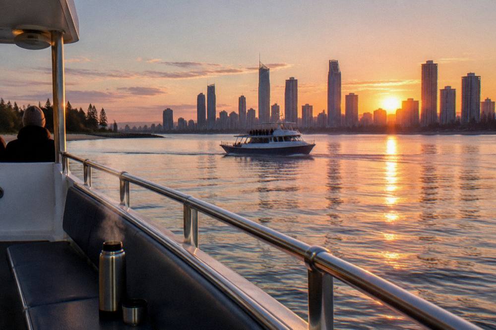 Calm glassy ocean at first light with a whale watching boat and the Gold Coast skyline in the background