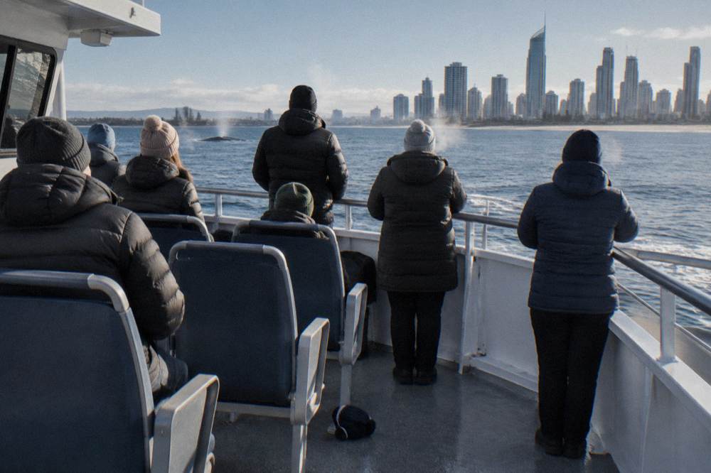 Travellers in jackets watching from the open deck of a whale watching boat