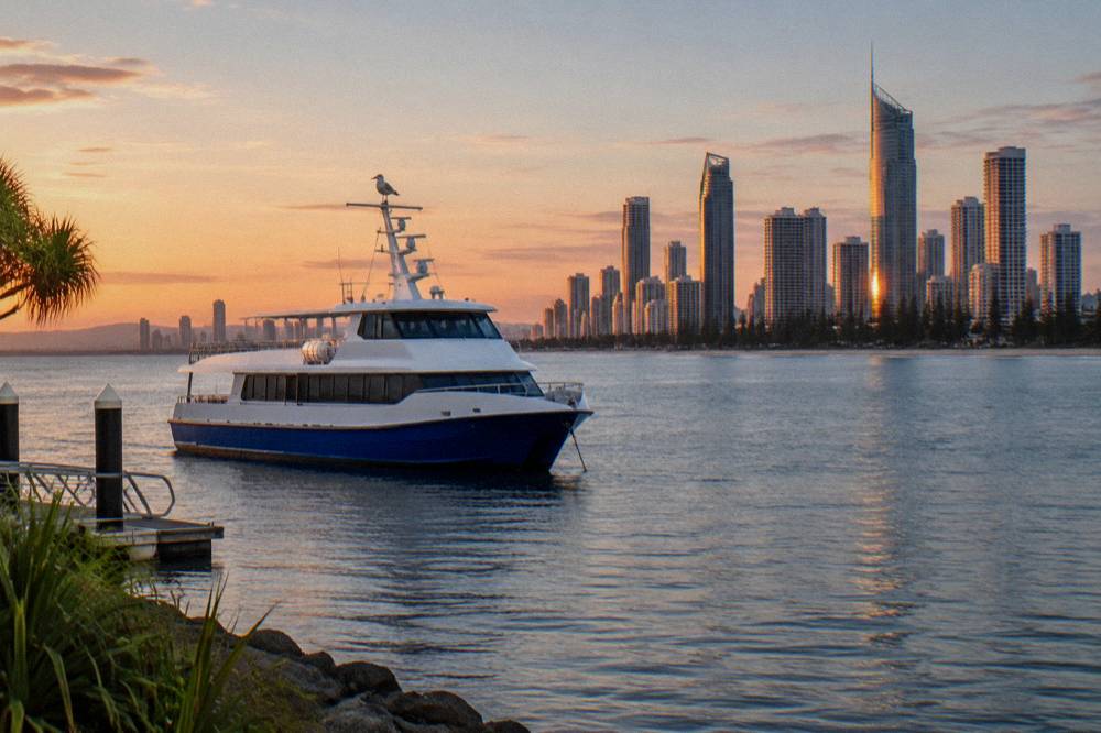 Whale watching boat anchored near the Gold Coast Broadwater with city skyline behind