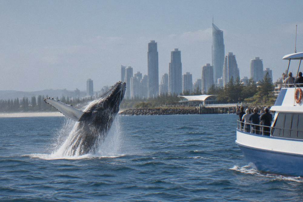 A humpback whale breaching beside a whale watching boat on open water