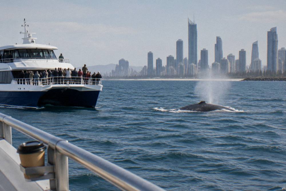 A whale watching catamaran with passengers along the rail watching a whale surface nearby