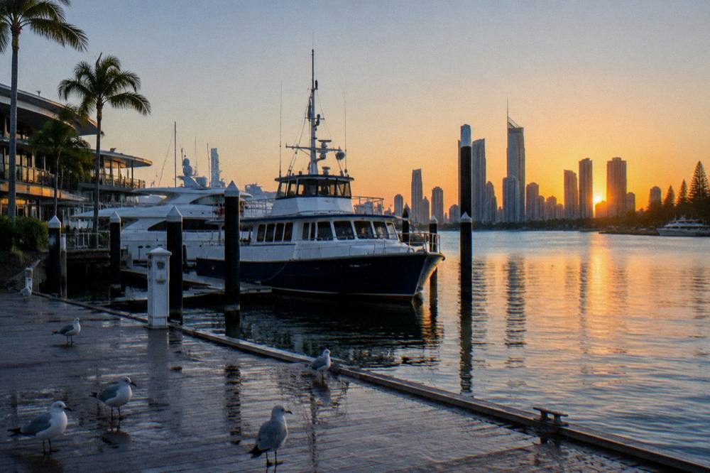 A whale watching boat moored at a marina at sunrise with city towers behind