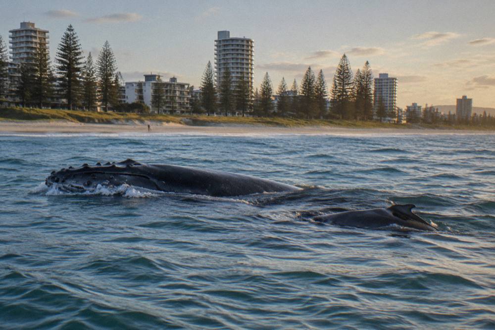 A humpback whale mother and calf swimming together near the ocean surface