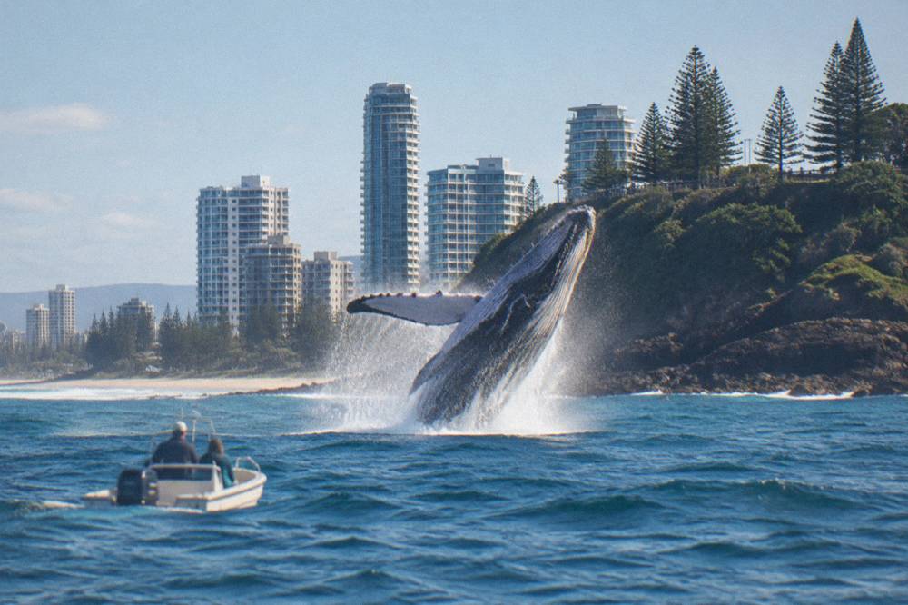 A humpback whale breaching fully out of the ocean with water spraying from its body