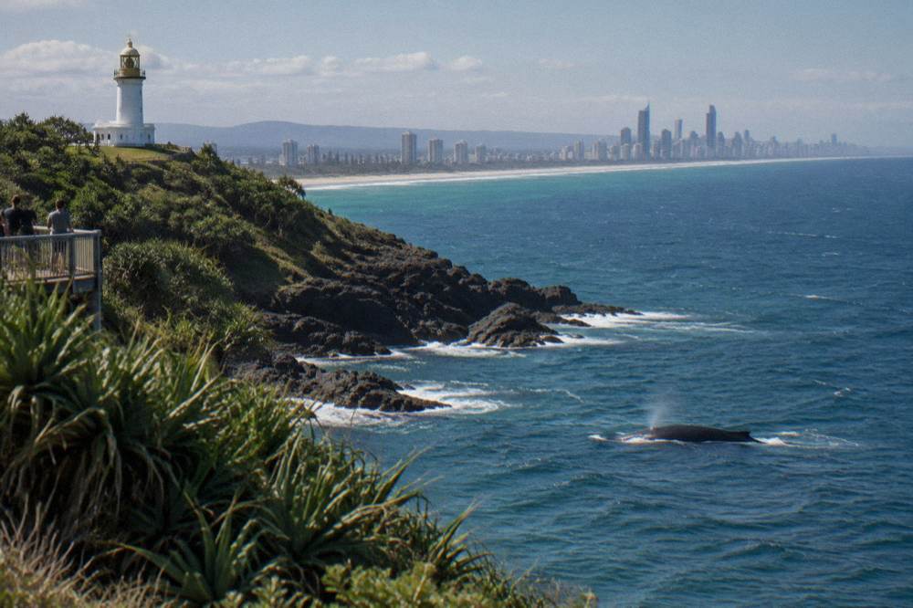 A humpback whale swimming past a rocky headland on the Gold Coast coastline