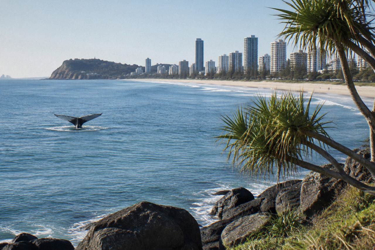 A humpback whale raising its tail fluke above calm ocean water near the Gold Coast shoreline