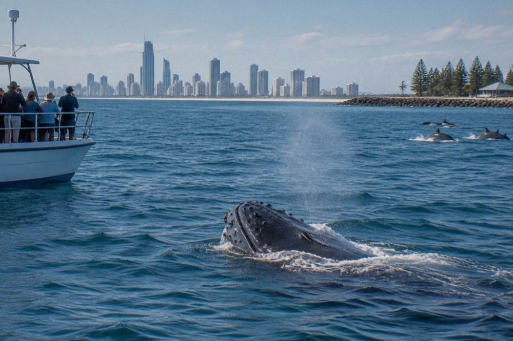 A humpback whale surfacing near a whale watching boat in open ocean