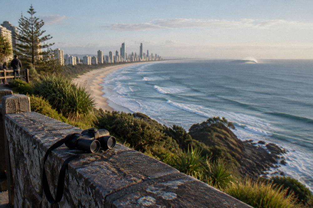 A headland lookout above a long Gold Coast beach with open ocean beyond