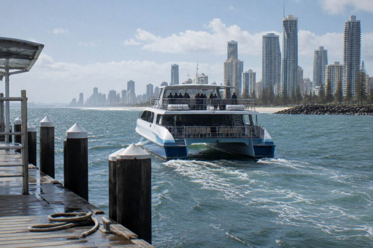 A whale watching catamaran leaving a marina beside a tall apartment skyline
