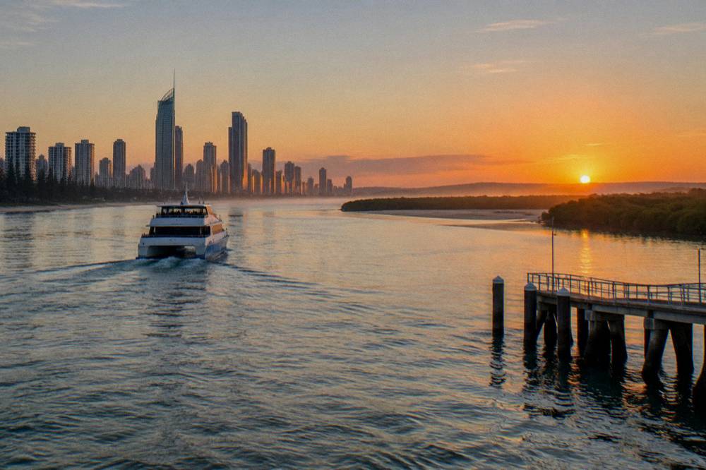 A whale watching catamaran heading out through the Gold Coast Broadwater at sunrise
