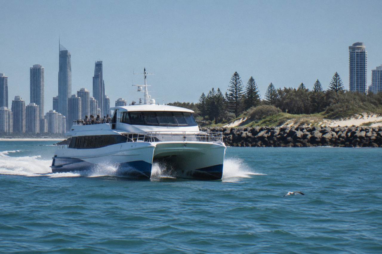 A power catamaran cruising past a Gold Coast headland on a clear morning