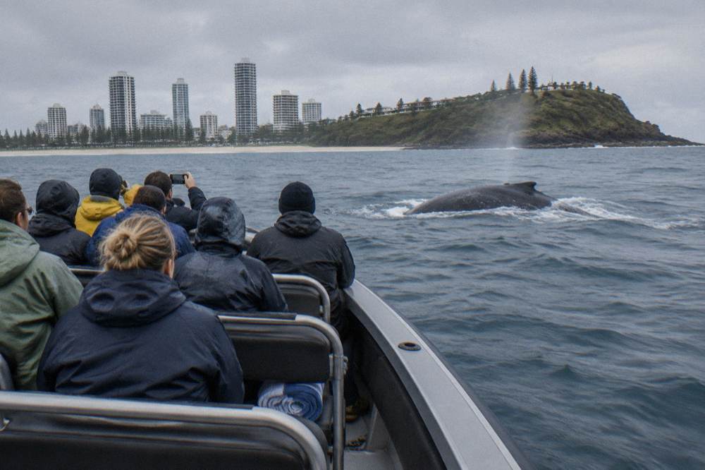 A small open safari-style boat with a dozen passengers in spray jackets watching a whale surface nearby