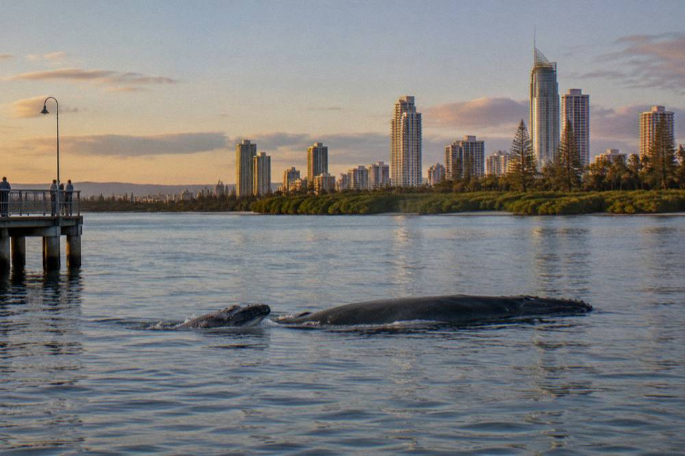 A mother humpback whale and calf swimming slowly through calm water near a coastline