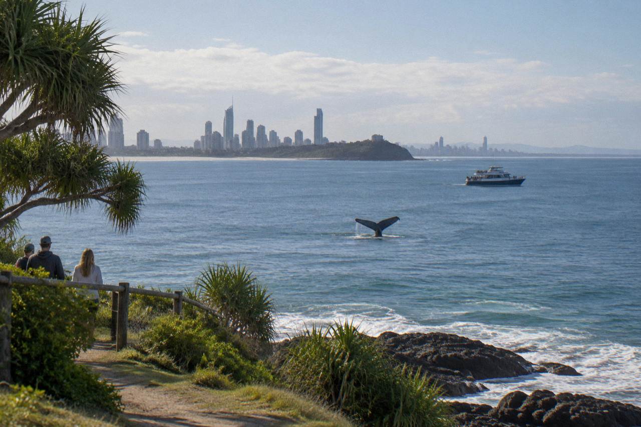 A whale tail rising above calm ocean water near a headland