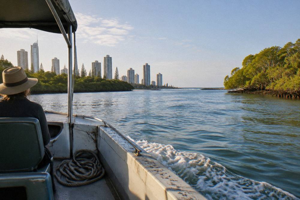 A small open boat cruising close to green headland cliffs in calm water