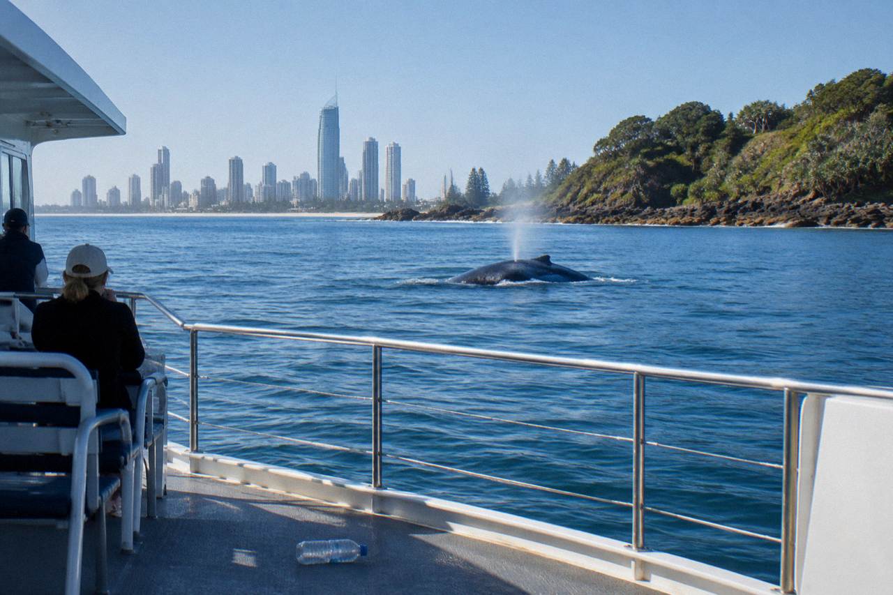 A humpback whale surfacing in calm blue water near a headland