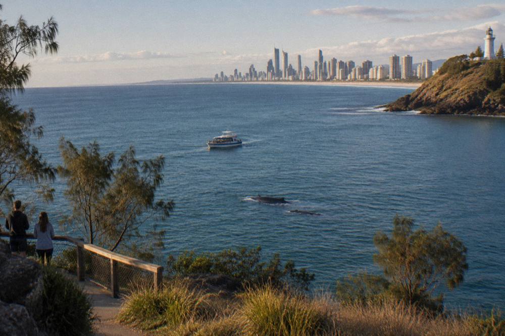 A whale watching boat with passengers on deck moving across open blue water near a headland